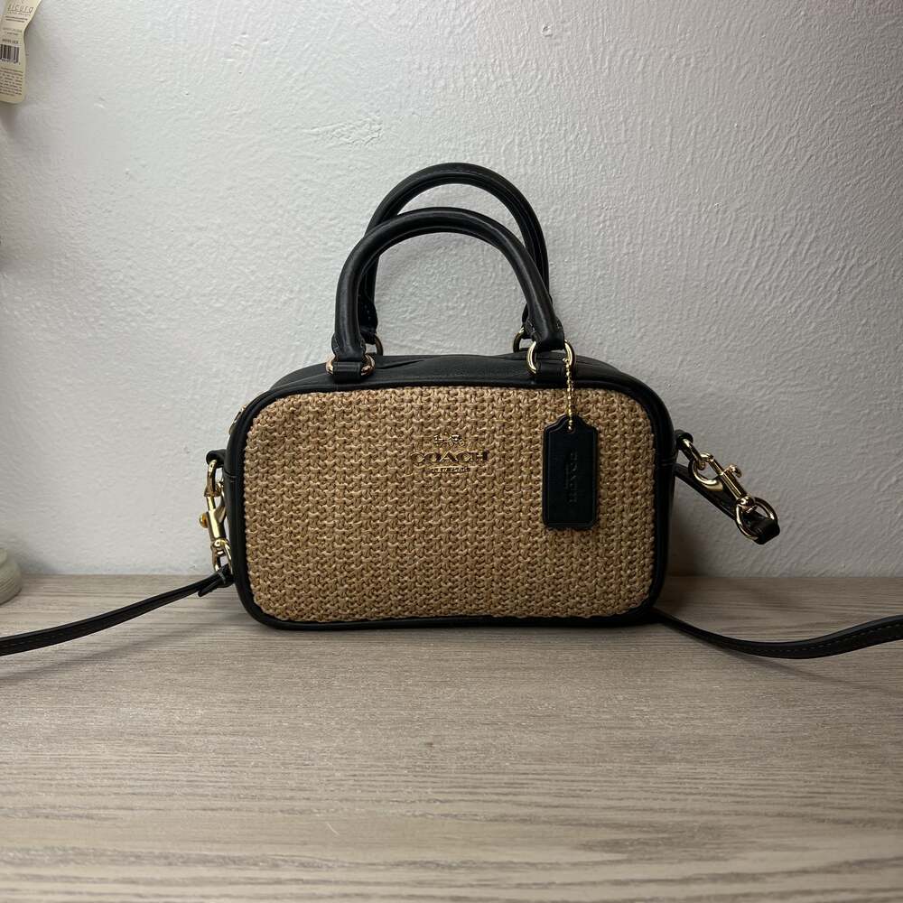 COACH Satchel Crossbody Bag CAK74 Toast/Black Straw Smooth Leather